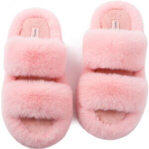 Women's Pink Fluffy Fleece Faux Fur Open Two Band Lining Rubber Sole Slippers